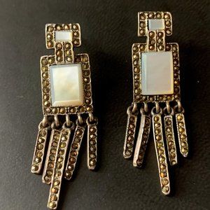 925 Silver Art Deco Mother of Pearl Marcasite Earrings